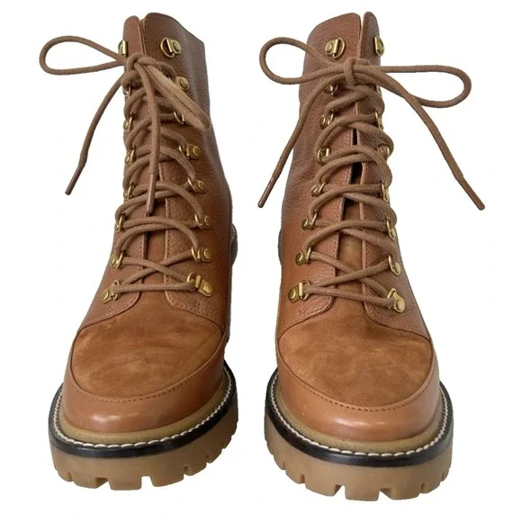 Tory Burch Leather Boot Womens Size 7.5 M Miller Tumbled Lug Cognac NWOB $500